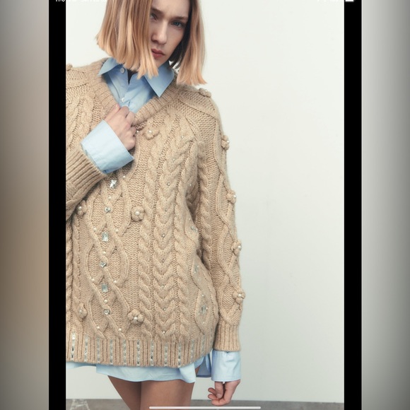 Zara | Sweaters | Zara Textured Cable Knit Pearls And Rhinestones ...